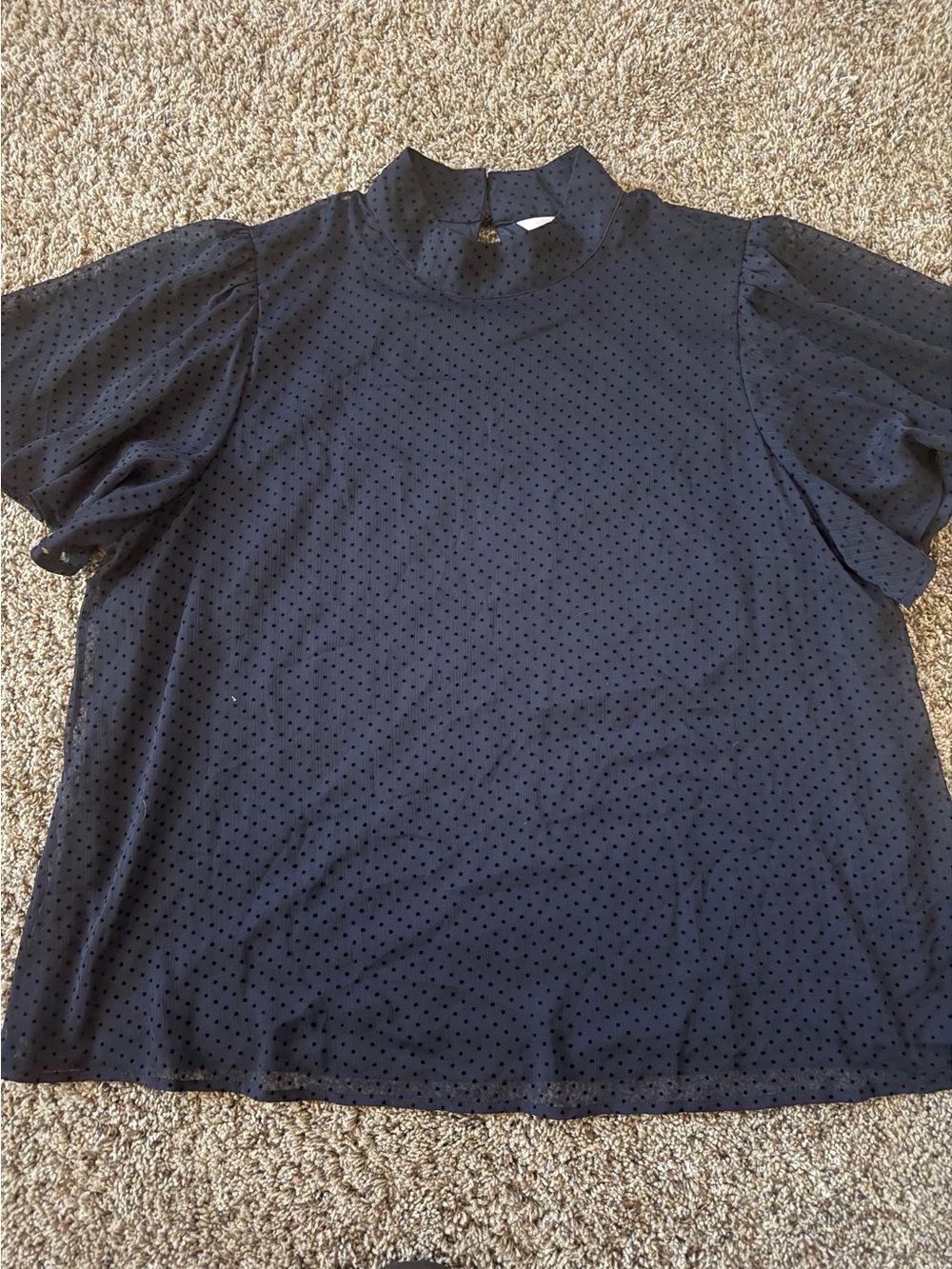 LC Lauren Conrad Navy Blue Polka Dot Mock Neck Keyhole Blouse XL Short Sleeve